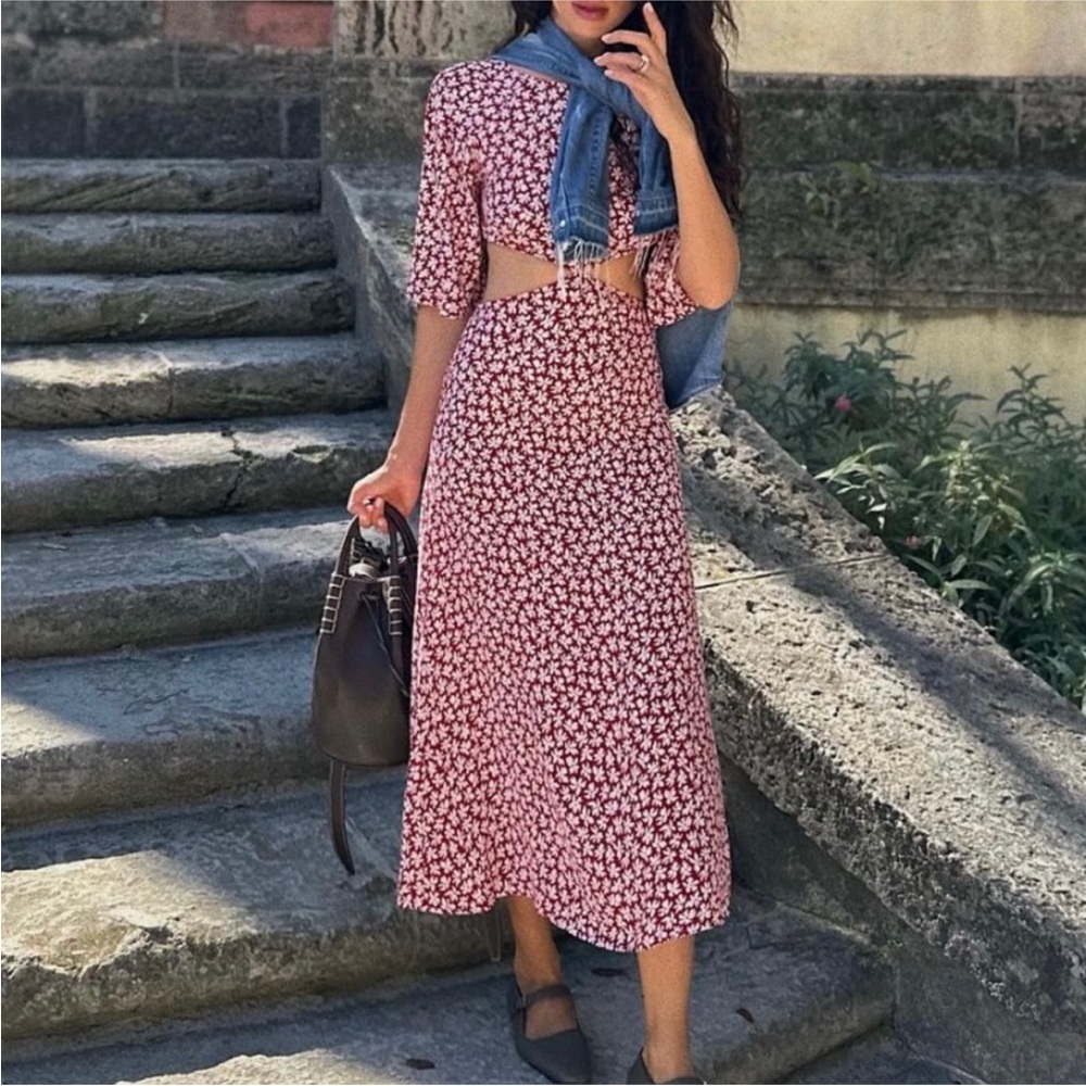 Reformation Pink and White Asymmetrical Midi Skirt Set